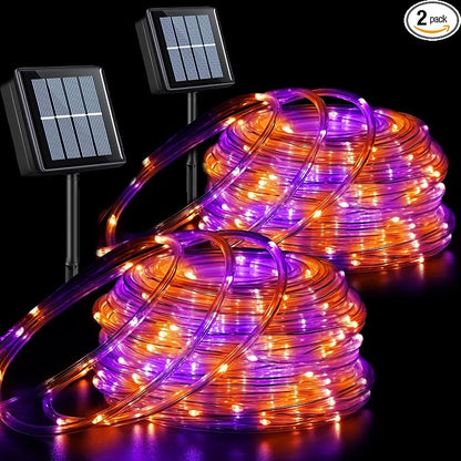 QITONG 2 Pack Solar Halloween Lights, Each 33ft 100 LED Orange and Purple String Lights, 8 Modes Clear PVC Tube Light Outdoor Waterproof