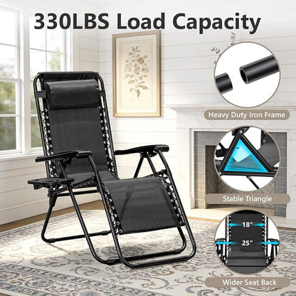 Zero Gravity Chairs Set of 2, Adjustable Lounge Chair Outdoor Recliner, Folding Reclining Lawn Chair, Anti Gravity Chair with Pillow & Cup Holder for Pool Camping Sunbathing Beach Patio