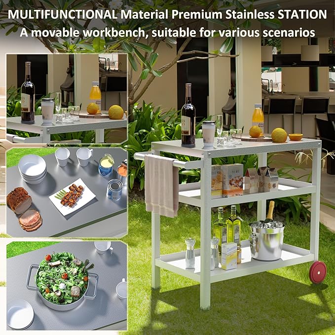 TORVA Outdoor Prep Grill Cart, Honeycomb Style Wear-Resistant Tabletop with High Load-Bearing Portable BBQ Cart, HDPE Durable Frame 3-Tier Storage Cart, White