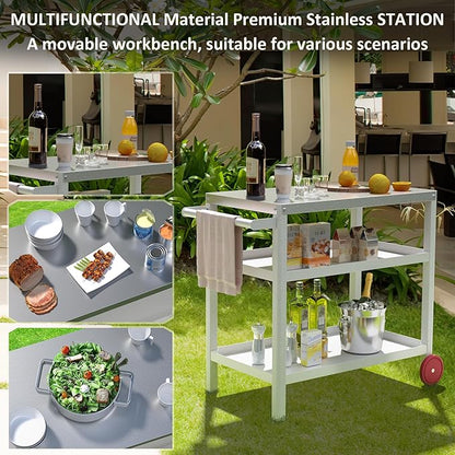 TORVA Outdoor Prep Grill Cart, Honeycomb Style Wear-Resistant Tabletop with High Load-Bearing Portable BBQ Cart, HDPE Durable Frame 3-Tier Storage Cart, White