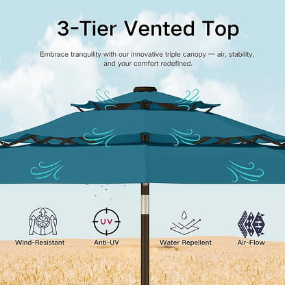 Kingdura 9ft 3-Tier Patio Umbrella with Solar Lights, Table Umbrella Outdoor Patio with Easy Crank & Tilt, 8 Sturdy Ribs, UV Protection, 32 LED Lights for Deck, Poolside, Market (Lake blue)