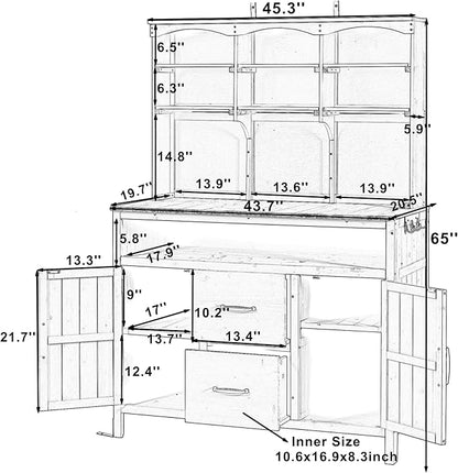 Merax 45.3" Large Outdoor Fir Wood Potting Bench with Storage, Multi-Functional Patio Kitchen Island with 6-Shelf Hutch+2 Cabinets+2 Drawers+3 Hooks, Garden Workstation for Planting, Gardening, Brown