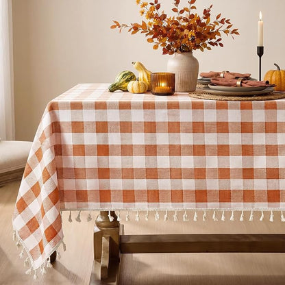 Softalker Fall Checkered Tablecloth Rectangle, Heavy Weight Linen Cotton Gingham Thanksgiving Orange Table Cloth with Tassel, Wrinkle Free Buffalo Plaid Table Cover for Dining Party- 55 x 70 Inch