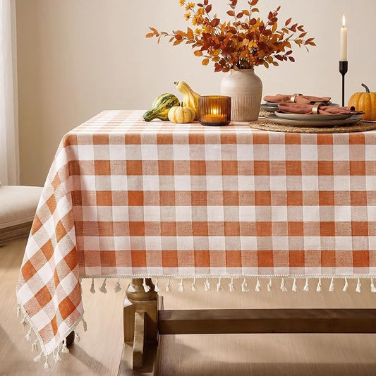Softalker Fall Checkered Tablecloth Rectangle, Heavy Weight Linen Cotton Gingham Thanksgiving Orange Table Cloth with Tassel, Wrinkle Free Buffalo Plaid Table Cover for Dining Party- 55 x 70 Inch