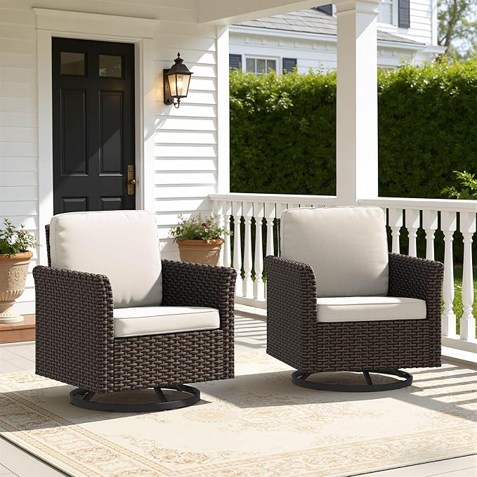 Patio Wicker Swivel Chairs with High Back Set of 2, All Weather PE Wicker Outdoor Swivel Chairs with Waterproof Cushion for Porch, Backyard, Balcony, Deck