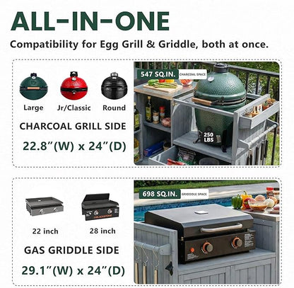 LUMISOL Outdoor Grill Cart with Stainless Steel Top, for Big Green Egg, Rolling Kitchen Island for 21"/28" Blackstone Griddle, 80.5" Solid Wood Kitchen Table with Drawer, Grey+Blue