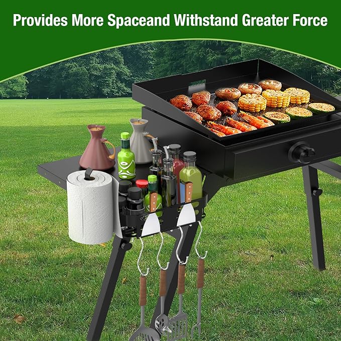 Griddle Stand Side Shelf and Griddle Caddy for Blackstone 17" 22" Griddle Stand, Griddle Shelf and Grill Caddy for Blackstone 5013 Griddle Stand with Tool Hooks, Paper Towel Holder and Spatula Holder