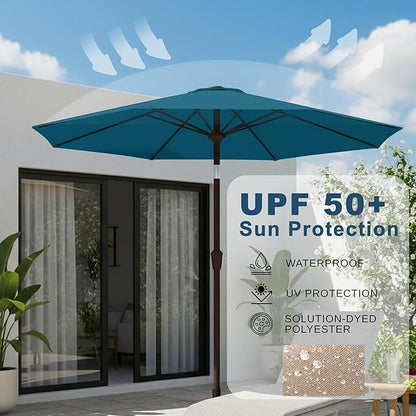9ft Patio Umbrella with Push Button Tilt and Crank,Outdoor Market Table Umbrella UV Protection 8 Sturdy Ribs for Backyard,Garden,Pool,Deck(Lake Blue)
