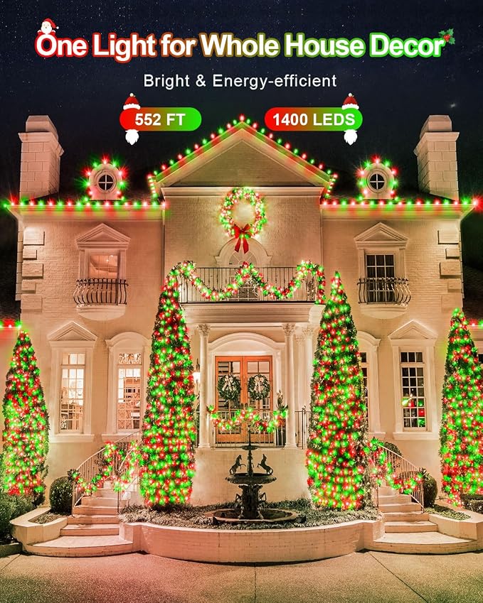 552FT 1400LED Red and Green Christmas Lights Outdoor, Extra Long Outdoor String Lights Waterproof, Timer & Memory, 8 Modes Dimmable Plug in Fairy for Outside Tree Wedding Patry