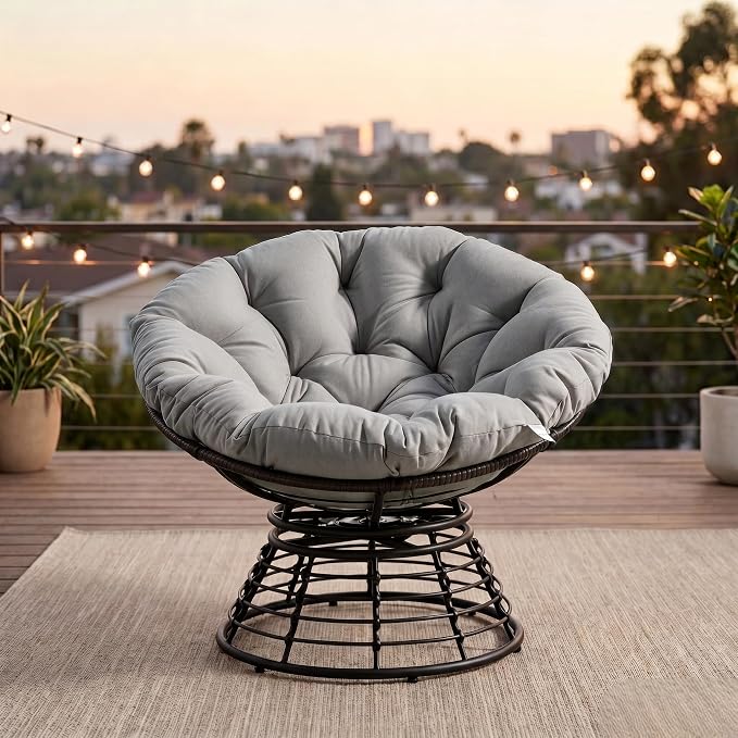 Cushion Papasan Swivel Chair, Ergonomic Wicker Round Chair with Thick Padding, Oversized Swivel Wicker Accent Chairs for Living Room, Bedroom, Reading Room, Balcony, Brown Frame, Gray