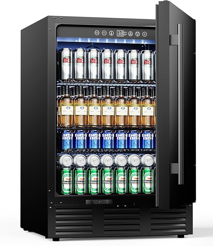 24 Inch Beverage Refrigerator, 181 Cans Under Counter Refrigerator, Outdoor Fridge with Stainless Steel Door, for Soda/Water/Beer, Outdoor Refrigerator for Patio/Outdoor Kitchen/Bar/Office (Black)