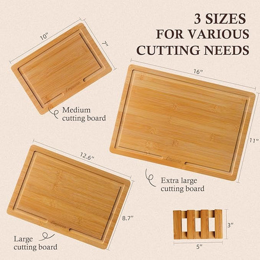 Bamboo Cutting Boards for Kitchen, 3 Piece Extra Thick Cutting Board Set with Juice Groove, Deep Carbonized Bamboo Chopping Board, Reversible Wood Cutting Board for Meat, Charcuterie & Serving