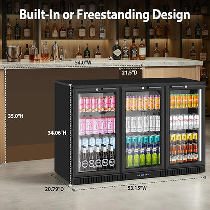 ORYMUSE 53" Commercial Back Bar Cooler with 3 Glass Doors, 11.2 Cu.Ft Under Counter Beverage Refrigerator, Built-in or Freestanding Bar Fridge with Safety Lock & LED Light for Restaurant, Club, Hotel