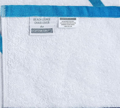 COTTON CRAFT Pool Lounge Chair Cover - 2 Pack Terry Towel Chaise Lounge Cover - Soft Cotton Absorbent Striped Towel Beach Chair Cover - Oversized 32 in W x 82 in Length x 7 in Pocket – White Aqua