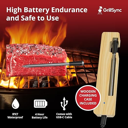 Grill Sync Wireless Meat Thermometer for Grilling, Smoking, Bluetooth Cooking with Dual Sensor Probe, Smart App Control for Grill, Smoker, Oven, Air Fryer, Waterproof Probe, USB-C Charging Case