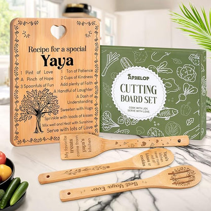 Yaya Gifts - "Recipe for a Special Yaya" Yaya Gifts for Grandma Cutting Board Set, Bamboo-Made Engraved Utensil Set Gifts for Yaya Cutting Board, Mothers Day Gifts for Yaya