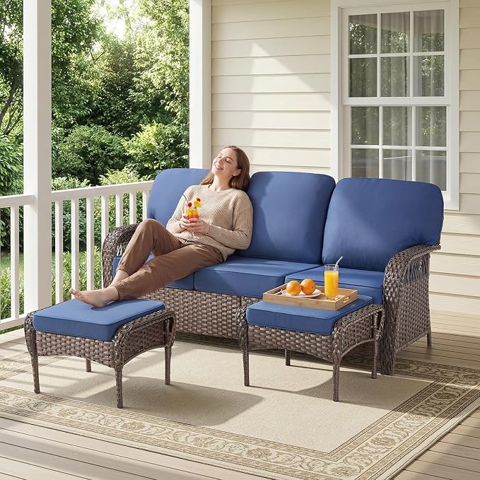 Belord Luxury Outdoor High Back Couch with Ottoman, All-Weather Wicker 3-Seater Sofa, 3 Piece Patio Conversation Furniture Set,Blue