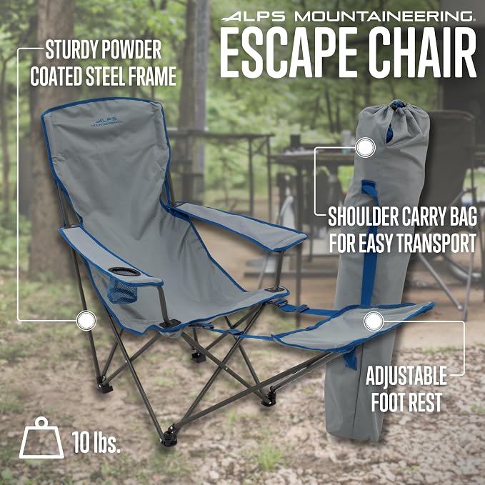 ALPS Mountaineering Escape Lounge Camping Chairs for Adults with Footrest and Adjustable Armrests, Sturdy Steel Frame, Compact Foldable Design, and Carry Bag