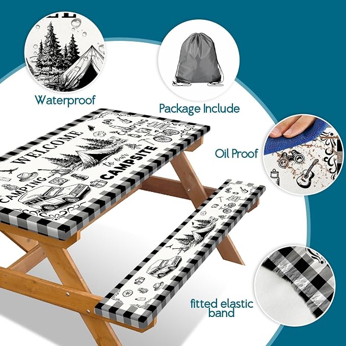 Picnic Table Cover with Bench Covers Elastic Edges, Black & White Gingham Camping Table Cover, Waterproof Windproof Fitted, for Outdoor Camping Patio Backyard BBQ Party, Drawstring Bag, 60 Inch 3PCS