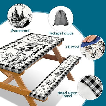 Picnic Table Cover with Bench Covers Elastic Edges, Black & White Gingham Camping Table Cover, Waterproof Windproof Fitted, for Outdoor Camping Patio Backyard BBQ Party, Drawstring Bag, 60 Inch 3PCS