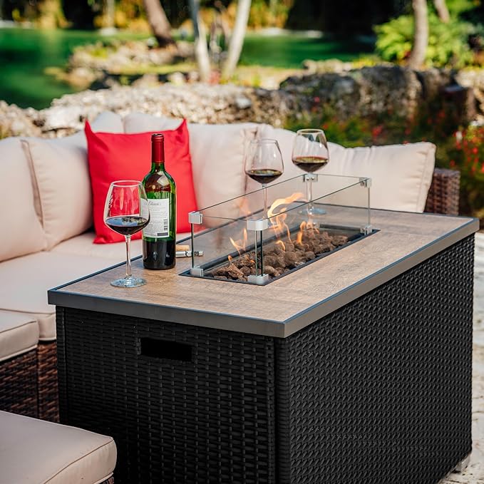 Nestl 43 Inch Fire Pit for Outdoor - 50,000 BTU Outdoor Propane Fire Pit Table with Lid, Rain Cover & Lava Rocks - Patio Fire Pit Table with Tempered Glass for Backyard Gatherings - Black