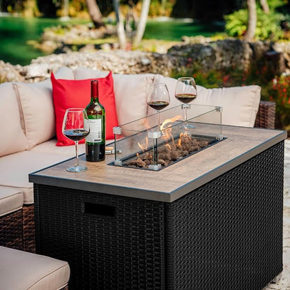Nestl 43 Inch Fire Pit for Outdoor - 50,000 BTU Outdoor Propane Fire Pit Table with Lid, Rain Cover & Lava Rocks - Patio Fire Pit Table with Tempered Glass for Backyard Gatherings - Black