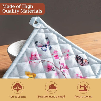 Maison d' Hermine Pot Holders 100% Cotton Heat Resistant Potholders 8" x 8" Hot Pads with Loop BBQ Baking Hotel Farmhouse Kitchen Handling Hot Pans Spring Summer (Pack of 1, Blossoms in Spring)