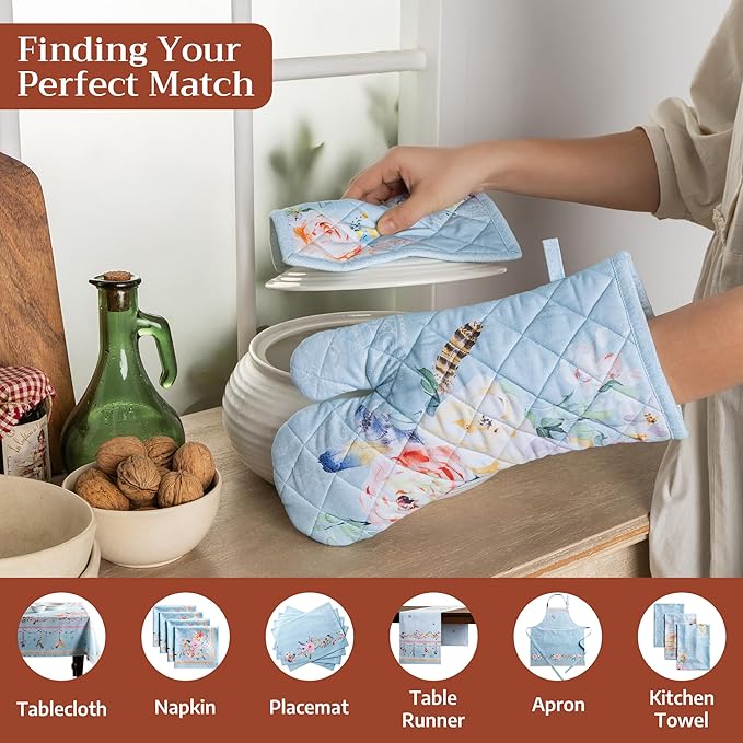 Maison d'Hermine Oven Gloves 100% Cotton Oven Mitt 7" x 13" with Loop Heat Resistant BBQ Cooking Gloves Baking Grilling Kitchen Hotel Home Farmhouse Spring Summer (Pack of 1, Ibiza - Blue)