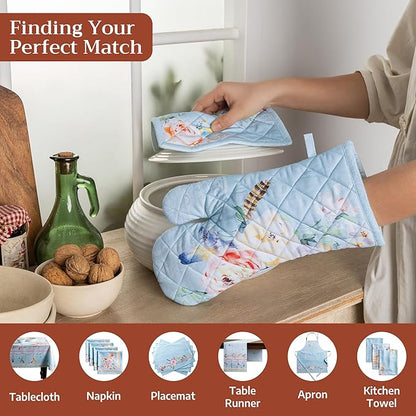 Maison d' Hermine 100% Cotton Oven Mitt & Pot Holder Set (7.5"x13" & 8"x8") Heat Resistant BBQ Cooking Gloves with Loop Baking Grilling Kitchen Hotel Home Farmhouse Spring Summer (Ibiza - Blue)