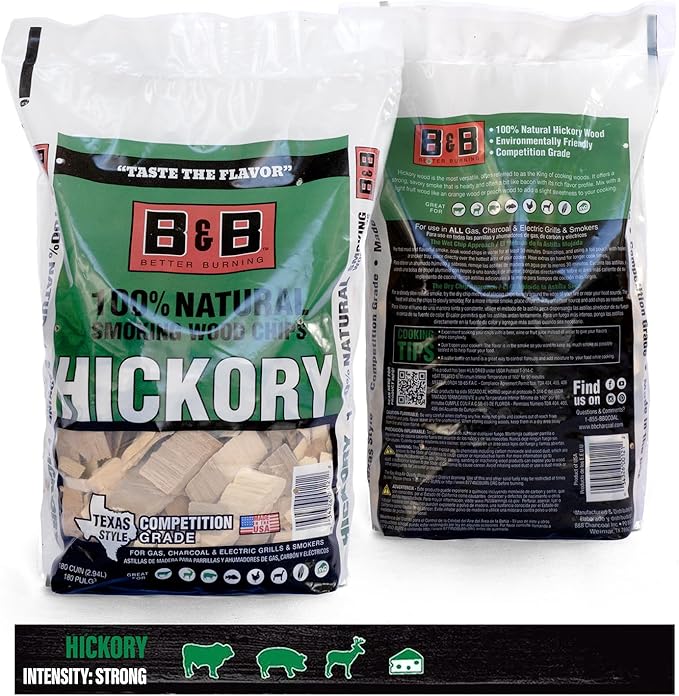 BBQ Hickory Wood Chips for Smoker (2-Pack) 3 lb Total, 100% All-Natural Smoker Wood Chips for Electric Smoker, Charcoal & Gas Grills, and Campfires – Made in USA