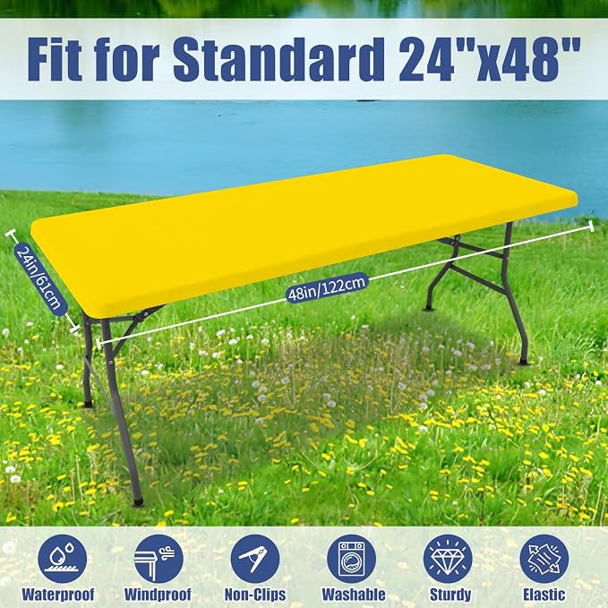 Moosfor 2 Pack Rectangle Spandex Fitted Table Cloth, 4FT Elastic Tablecloth | Washable Picnic Table Cover, Stretch Waterproof Table cloths for Party, Patio, Dining, Kitchen, 24" x 48", Yellow