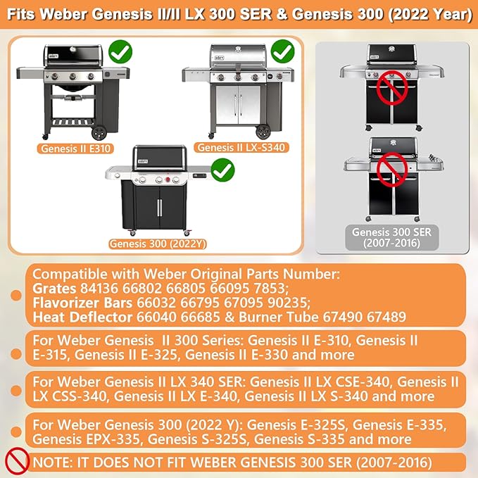 Grill Replacement for Weber Genesis 2 GS4 Parts 3-Burner Genesis II/II LX 300 & Weber Genesis 300(2022 Y),Flavorizer Bars 66032 67095, Grates 66802 66095, Burner 67490 67489&Heat Deflector 66040 66685