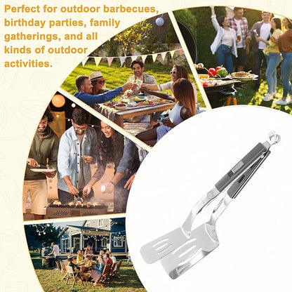 M METERXITY Spatula Tongs, 11.4 Inch 304 Stainless Steel Anti-Scald Multifunctional Flipper Grill Clamp for Cooking/Barbecue, Kitchen Cooking Tongs [Gray Handle, Silver Tone]