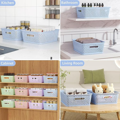 MaxGear 3 Pack Plastic Storage Baskets, Large, Blue | Durable Woven Plastic with Built-In Handles, Suitable for Shelves, Closets, Cabinets, Bathrooms and Offices