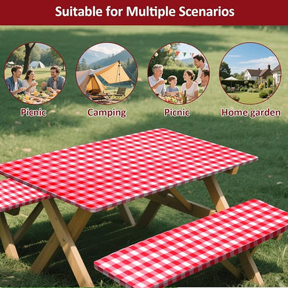 8ft 96in Picnic Table and Bench Cover, 3 Pack, Red-White Checkered | Drawstring Bag, Waterproof Windproof, Elastic Fitted Edges Tablecloth, for Rectangle Table & Seat, Camping Essentials RV Gear