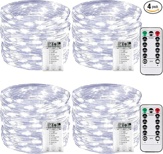 4 Pack 60 LED Fairy Lights Battery Operated with Remote, 20 FT Cool White | Cuttable, 8 Modes, Memory, Dimmable, Waterproof Battery String Lights with Timer for Indoor Outdoor, Christmas Decorations