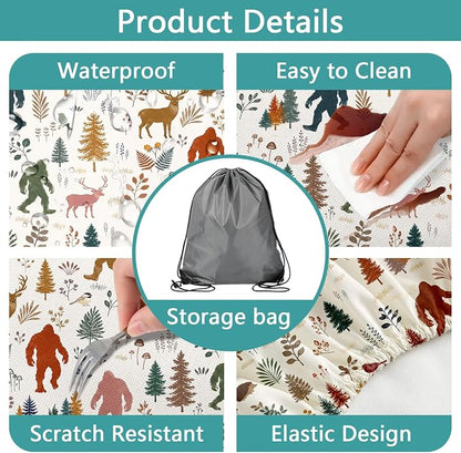 Picnic Table Cover with Bench Covers and Bag, Camping Essentials, Bigfoot Forest Animals Waterproof Fitted Camping Tablecloths with Elastic Edges for Indoor, Outdoor & Garden, 3 Pcs Set 30x60 Inch