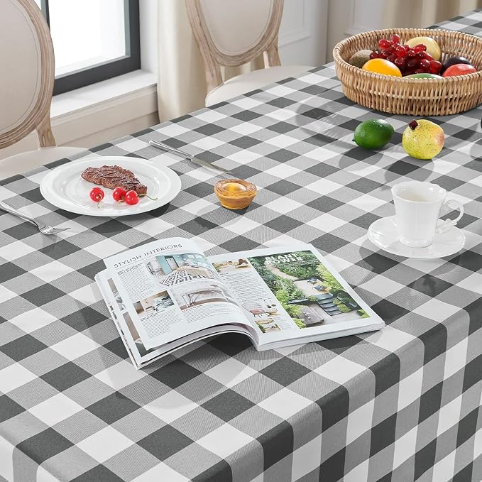 Softalker Gingham Checkered Tablecloth Rectangle - Outdoor Waterproof Buffalo Plaid Table Cloth, Stain Resistant Washable Table Cover for Picnic, Camping, Dining - Grey and White, 60 x 84 Inch