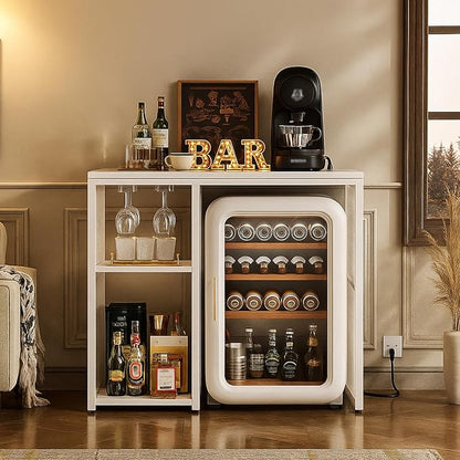 Homieasy Mini Fridge Cabinet with Power Outlet, Coffee Bar Cabinet with Mini Fridge Space, Industrial Liquor Cabinet with Wine Storage & Glass Holder for Dorm, Living Room, Home Kitchen, White