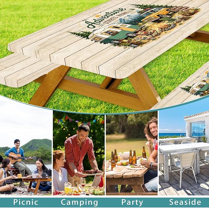 Picnic Table Cover with Bench Covers and Bag, Elastic Edges Waterproof Windproof Wooden RV Camper Outdoor Tablecloth, Camping Essentials, Fitted 6FT Rectangle Tables and Seats, 3 Pcs, 30x60 Inch