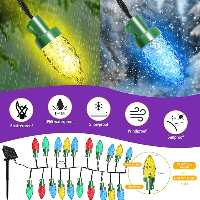 C7 Strawberry Solar String Lights, 31FT 50 LED Ultra Bright Multicolor IP65 Waterproof 8 Modes Green Wire Fairy Lights Auto On/Off for Outdoor Garden Patio Christmas Wedding Party Decor