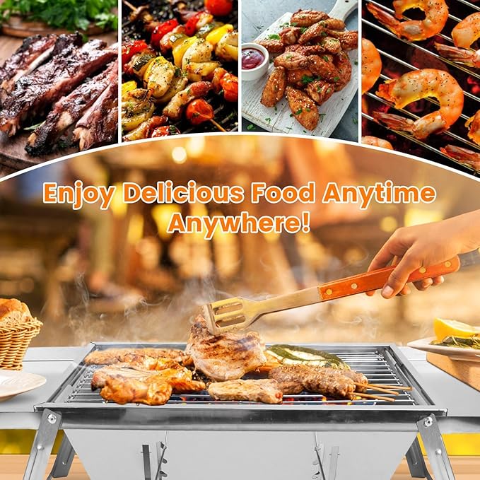 Portable Charcoal Grill, 3 In 1 Stainless Steel Foldable Table Top Charcoal Small Grill, Camping Smoker BBQ Grill with Storage Shelf for Outdoor Cooking, Travel, Camping, Backyard