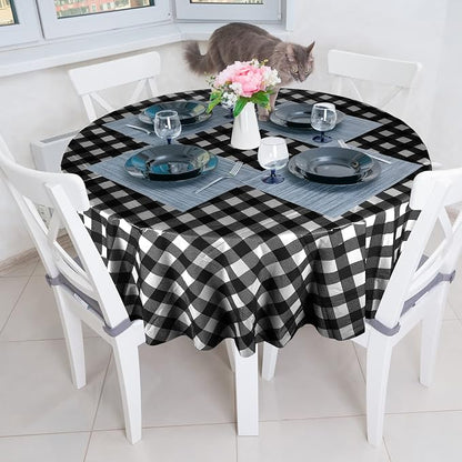 Disposable Checkered Tablecloth Round Plastic Buffalo Plaid Table Cloth 84'' Gingham Tablecover for Picnic Camping BBQ Graduation Party (Black and White, 6 Pieces)