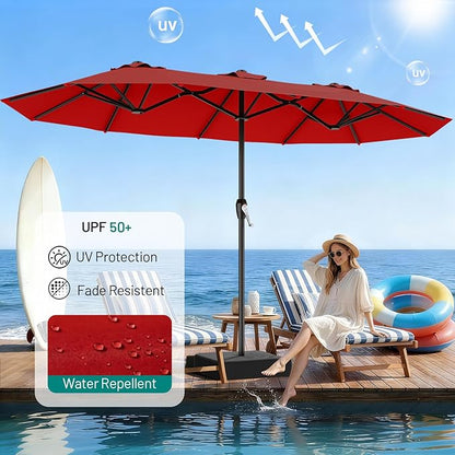 AreShark 15FT Outdoor Patio Umbrella with Crank, Large Rectangular Market Umbrella, Double-Sided Outdoor Umbrellas with Cross Base & Sandbag for Porch, Lawn, Pool, Backyard, Red