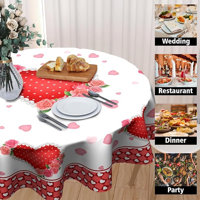 Sweetshow Valentines Day Table Cloth Round Red Hearts Pink Rose Flower Tablecloth 70 Inch with Check Plaid Decor Washable Stain and Wrinkle Love Romantic Round Table Cover for Dining Picnic