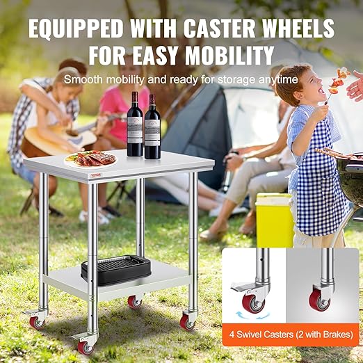 Vevor Stainless Steel Work Table with Wheels 24 x 30 x 32 Inch Prep Table with 4 Casters Heavy Duty Work Table for Commercial Kitchen Restaurant Business, Silver and Black : Industrial & Scientific