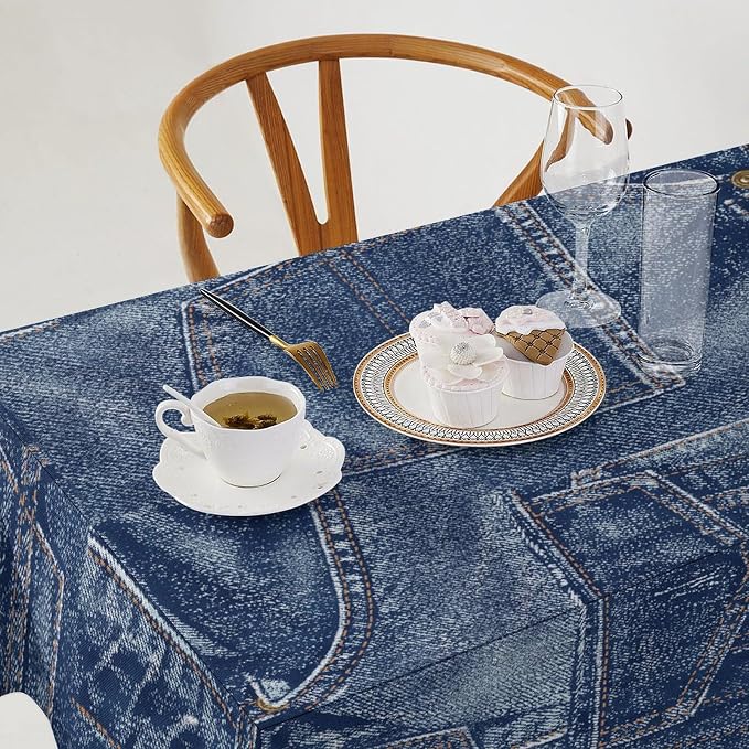 Denim Patchwork Print Style Tablecloth, Fashionable Denim Pattern Design (Not Denim Fabric) Water Resistant Table Cover for Farmhouse Picnic Party Holiday Kitchen Dinner Table 55"x55"