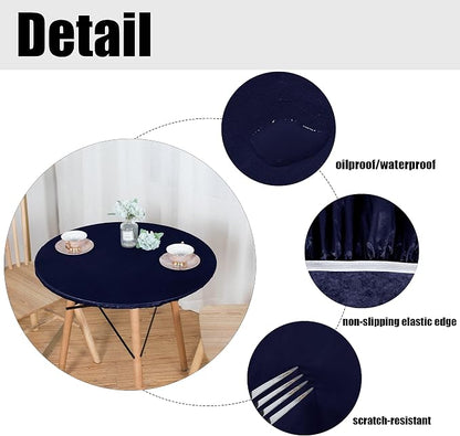 LUSHVIDA Round Waterproof Table Cover Elastic Vinyl Fitted Tablecloth Elastic Edged Plastic Table Cloth (Navy, Best for Up to 57"-68" Round)