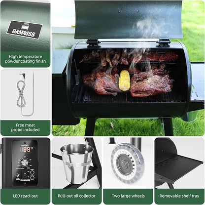 DAMNISS Pellet Grill Smoker 8 In 1 Outdoor Wood Electric Pellet BBQ Grill With PID Temperature Control And Meat Probe 456 Sq.In Removable Cooking Area Easy Clean