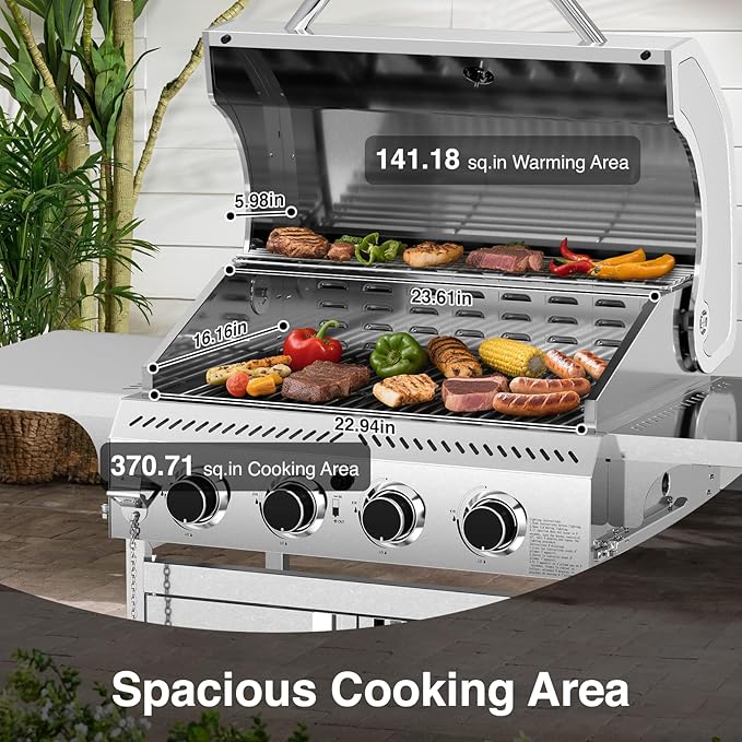 Electactic Propane Gas Grill 4 Burners, 32000 BTU Outdoor Barbecue Grill with Stainless Steel Body & Heavy-Duty 304 Grill Grates, Foldable Side Shelves & Built-in Thermometer, Portable with Wheels